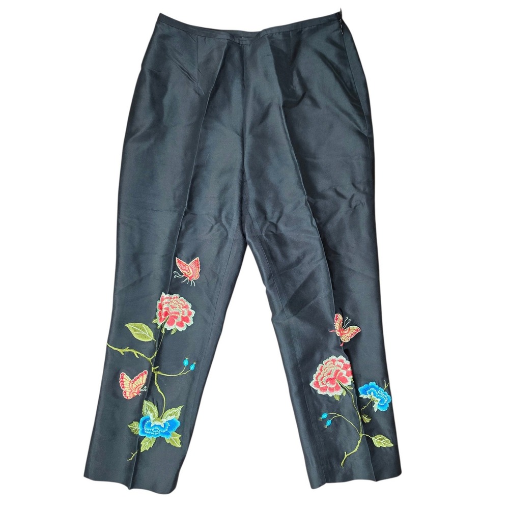 Yves Cossette Depeche Mode Silk Embroidered Butterfly Floral Pant Black Petite 6